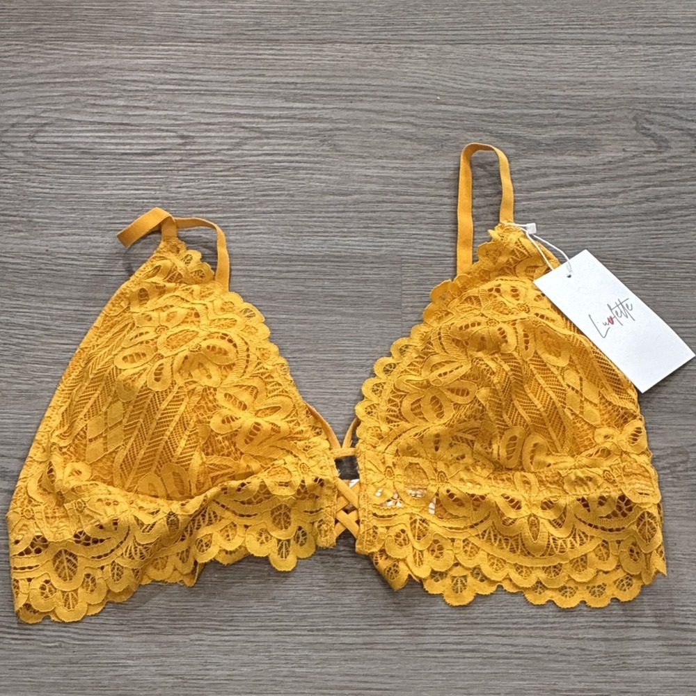 Women Yellow Luvlette Lace Padded Triangle Festival Boho Coachella Bralette  2XL